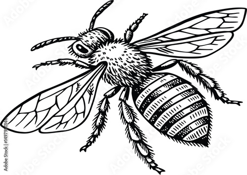 Highly detailed black and white vector illustration of a honey bee, symmetrical top-down view. Realistic line art style with fine stippling and hatching for texture.