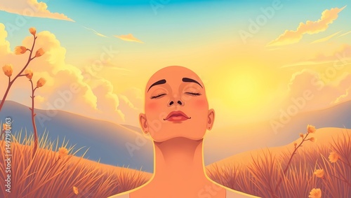 Happy mind meditation,  find peace and serenity: woman meditating in nature at sunset for relaxation and calm