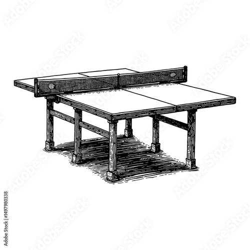 Detailed Isolated Ping Pong Table with Net in Black and White Outline Line Art Drawing Engraved Style Recreation