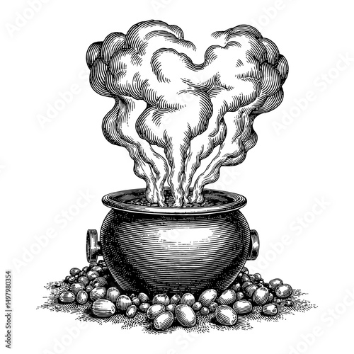 Classic Witch Cauldron with Bubbly Smoke Forming a Heart Shape Black and White Outline Line Art Drawing