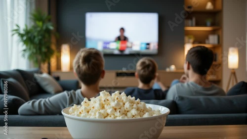 Family Movie Night at Home - People Watching TV with Popcorn Bowl in Cozy Living Room for Entertainment Content, Streaming Services, and Lifestyle Blogs