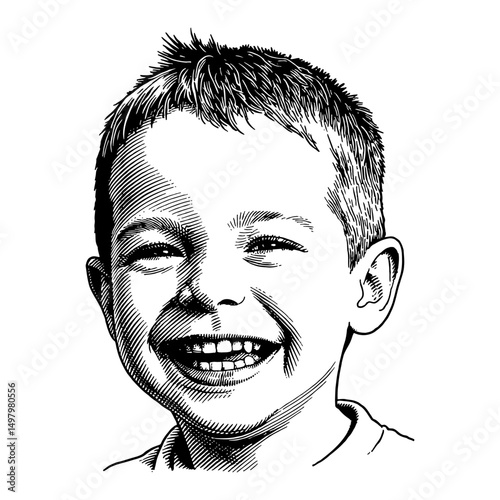 Joyful Laughing Expression of a Young Boy in Black and White Outline Line Art Drawing