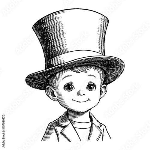 Smiling Little Boy Wearing Really Giant Top Hat Black and White Outline Line Art Drawing