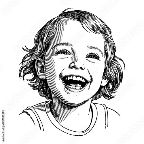 A Little Girl with Joyful Laughing Expression Face Close Up Black and White Outline Line Art Drawing