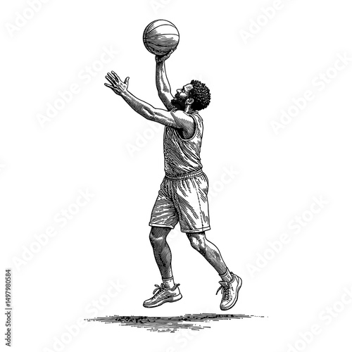 A Man Playing Basketball Shooting Jumping Motion Black and White Outline Line Art Drawing Player