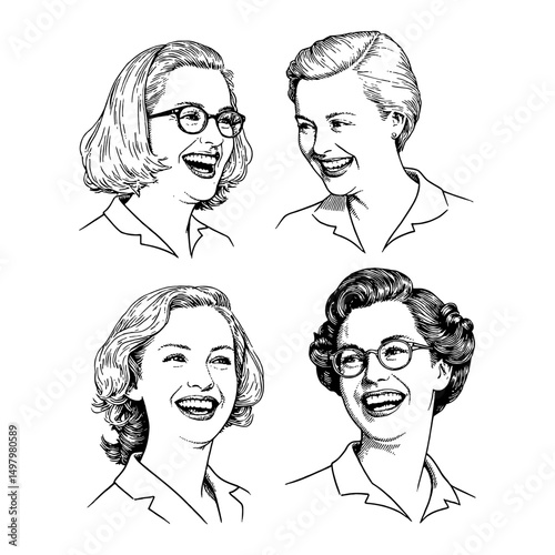 Four Women Joyfully Laughing with Expressive Faces in Vintage Proper Dresses Black and White Line Art