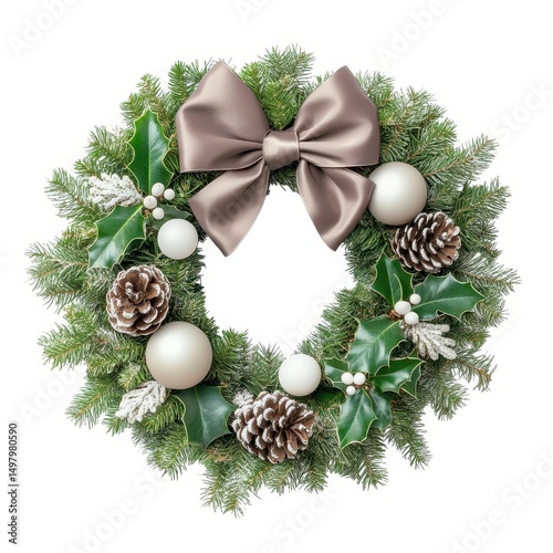 Elegant christmas wreath with taupe bow and white ornaments isolated on white background