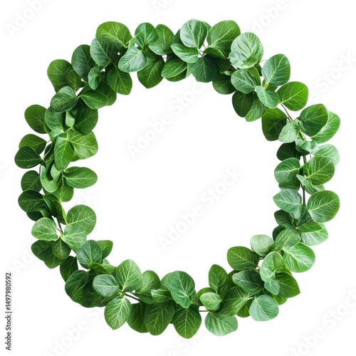 Lush green leaf wreath circle frame isolated on white background
