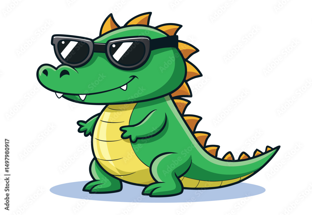 Fototapeta premium A Little crocodile using black sunglasses, alligator cartoon vector illustration.