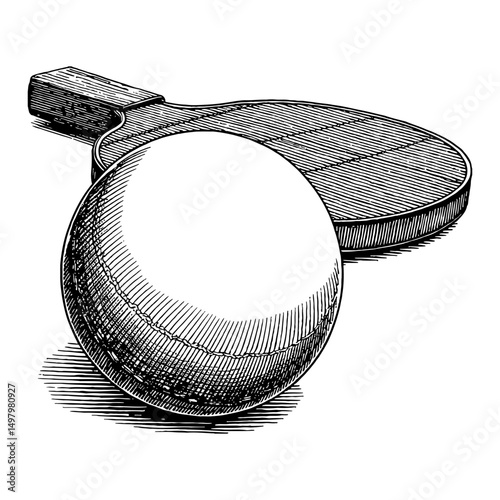 Ping Pong Ball and Racket Table Tennis Sports Equipment Vintage Black and White Outline Line Art Drawing Isolated Object