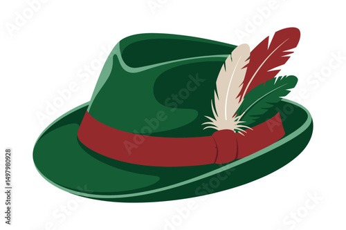 Green Tyrolean Hat with Red Band and Colorful Feathers Festive Alpine Apparel Accessory