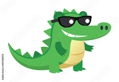 A Little crocodile using black sunglasses, alligator cartoon vector illustration.