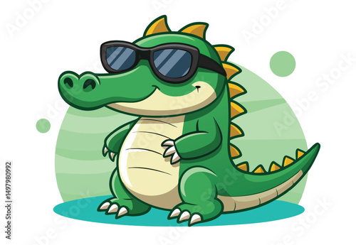 A Little crocodile using black sunglasses, alligator cartoon vector illustration.