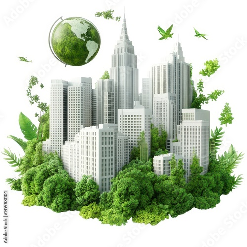 Eco friendly cityscape design modern buildings integrated with lush greenery isolated on white background