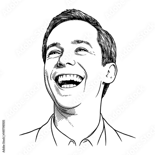 A man laughing with a joyful expression in an upward gaze detailed Black and White Outline Line Art Drawing