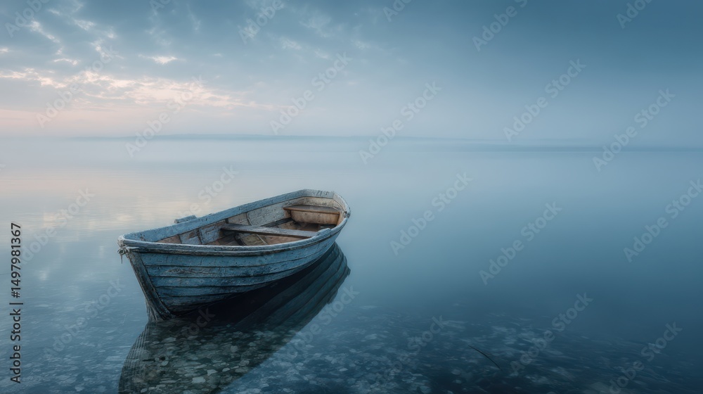Naklejka premium A solitary boat rests on a tranquil lake during early morning. The water's surface is smooth and reflective, capturing the soft colors of dawn and surrounding calmness