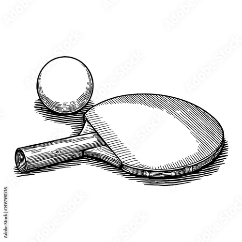Ping Pong Racket and Ball Black and White Outline Line Art Drawing Vintage Engraving Style Isolated Object
