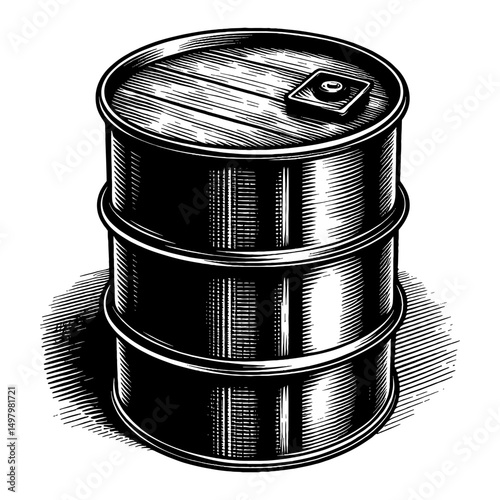 Detailed Classic Industrial Oil Metal Barrel Black and White Outline Line Art Drawing Engraved Style Isolated Object