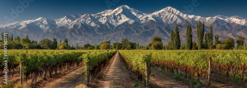 Vineyard in Mendoza, Argentina showcasing ripe Malbec grapes under summer sun