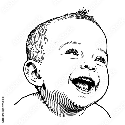 A joyful baby with a wide laughing expression in a detailed Black and White Outline Line Art Drawing