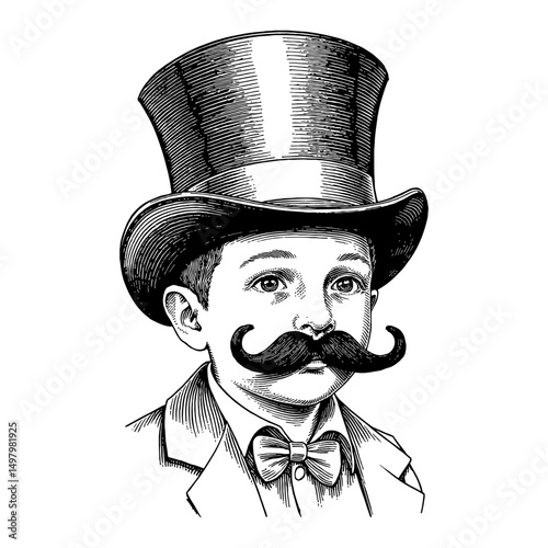 A little boy with a really giant top hat and fake moustache Black and White Outline Line Art Drawing