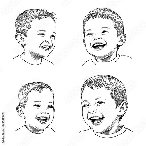 Little Boys with Joyful Laughing Expressions Faces Sheet Black and White Outline Line Art Drawing
