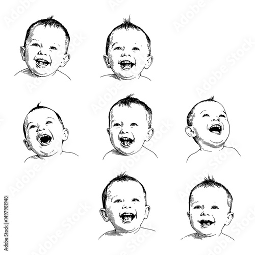 Multiple Adorable Babies Joyful Laughing Expressions Faces Sheet Black and White Outline Line Art Drawing
