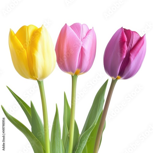 Three colorful tulips spring flowers isolated on white background