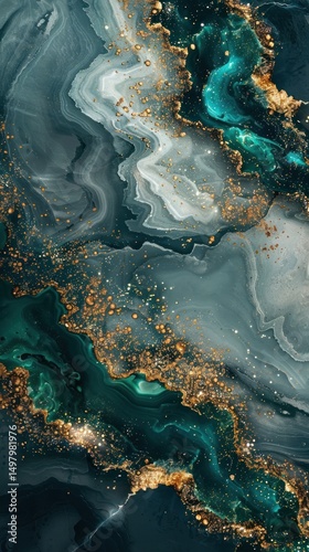 Abstract teal and gold marbled texture background