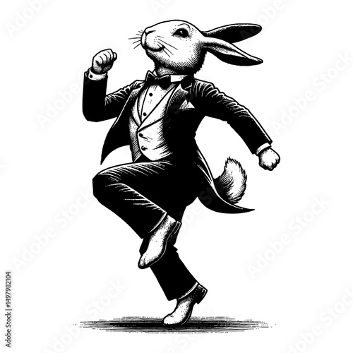 Dynamic Dancing Rabbit in Elegant Vintage Suit Black and White Outline Line Art Drawing Character