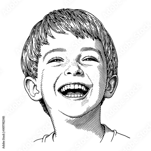 Headshot Portrait of a Joyful Laughing Boy with Happy Expression Black and White Outline Line Art Drawing
