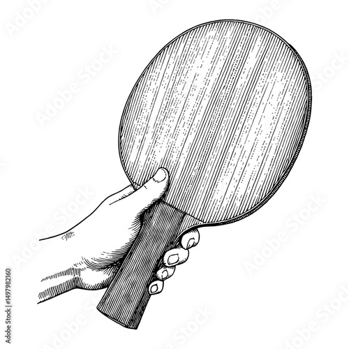 A Hand Holding a Ping Pong Racket Table Tennis Bat Black and White Outline Line Art Drawing