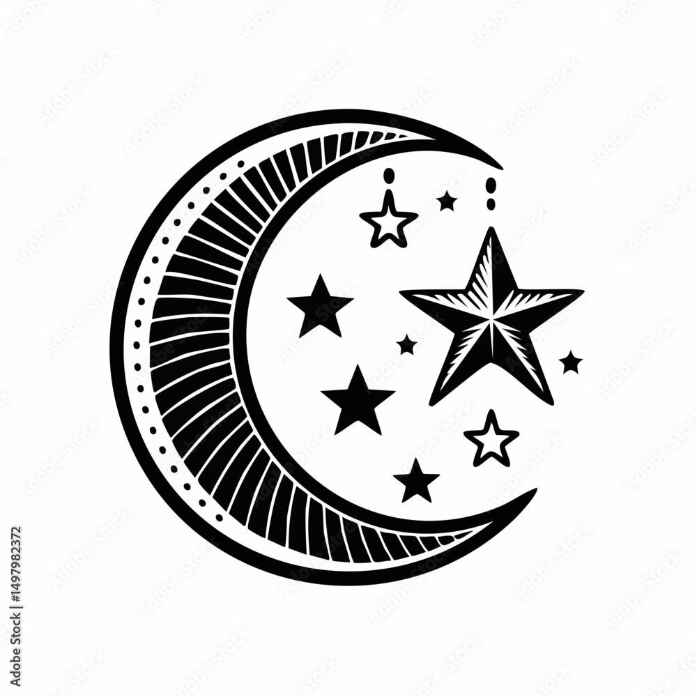 Ícone monocromático de lua crescente com estrelas