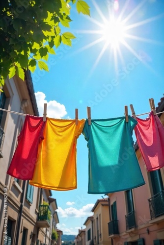 Brightly colored laundry hangs drying on a clothesline under a vibrant summer sun A cheerful scene of fresh, clean laundry waving gently in the breeze on a perfect sunny day , linen, sun, wind