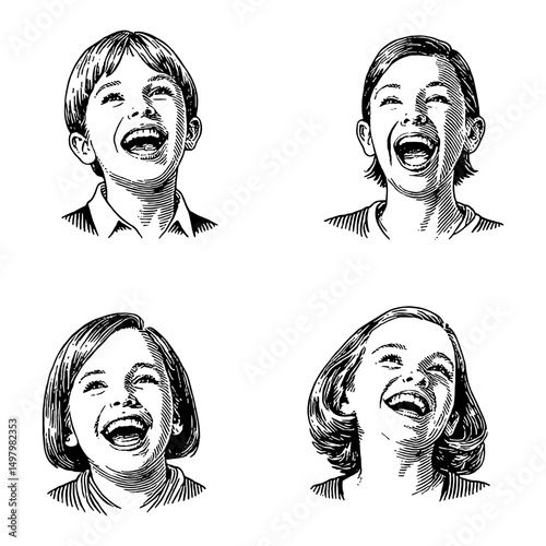 Little Girls with Joyful Laughing Expressions Faces Sheet Black and White Outline Line Art Drawing