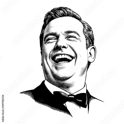 Man Joyfully Laughing with Expressive Face Wearing Vintage Suit Classic Hairstyle Black and White Outline Line Art Drawing