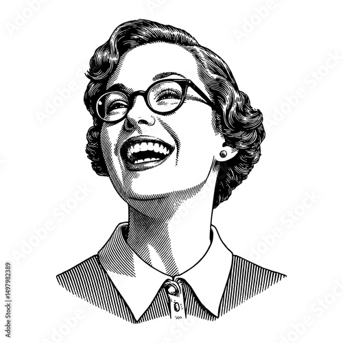 Woman Joyfully Laughing Expressive Face Wearing Glasses Vintage Proper Dress Classic Hairstyles Black and White Outline Line Art Drawing