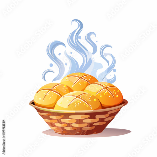 Ícone de cesta com pães de queijo quentes e vapor