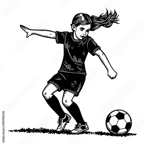 A young girl playing soccer about to kick the ball with focus Black and White Outline Line Art Drawing