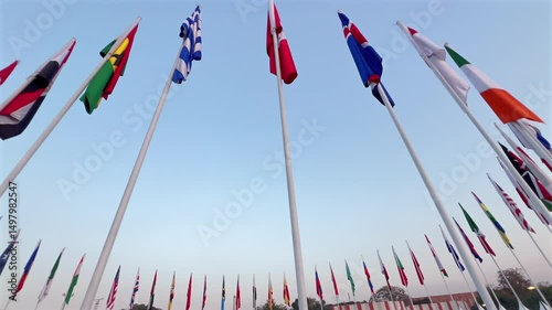 Global Unity, UNO Conference Featuring All Country Flags, Vibrant International Banners, Diplomatic Summit, Worldwide Nations, Cultural Diversity and Global Cooperation 2025  Clip 48