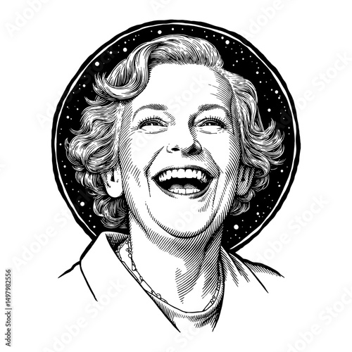 Joyful Laughing Grandma Portrait with Expressive Smile in Black and White Outline Line Art Drawing