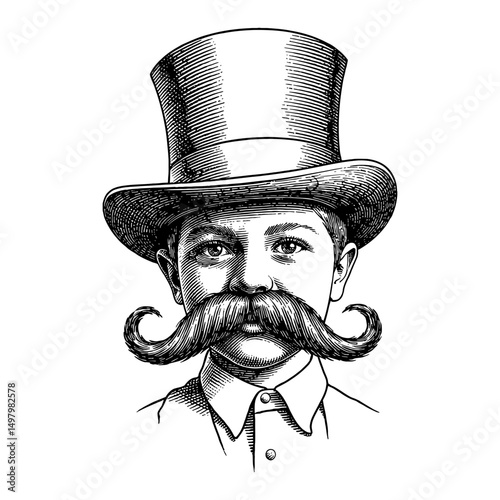 Little Boy Wearing a Giant Top Hat and Fake Moustache Black and White Outline Line Art Drawing