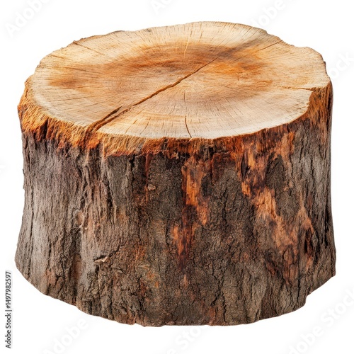 Tree stump cross section with light wood top isolated on white background
