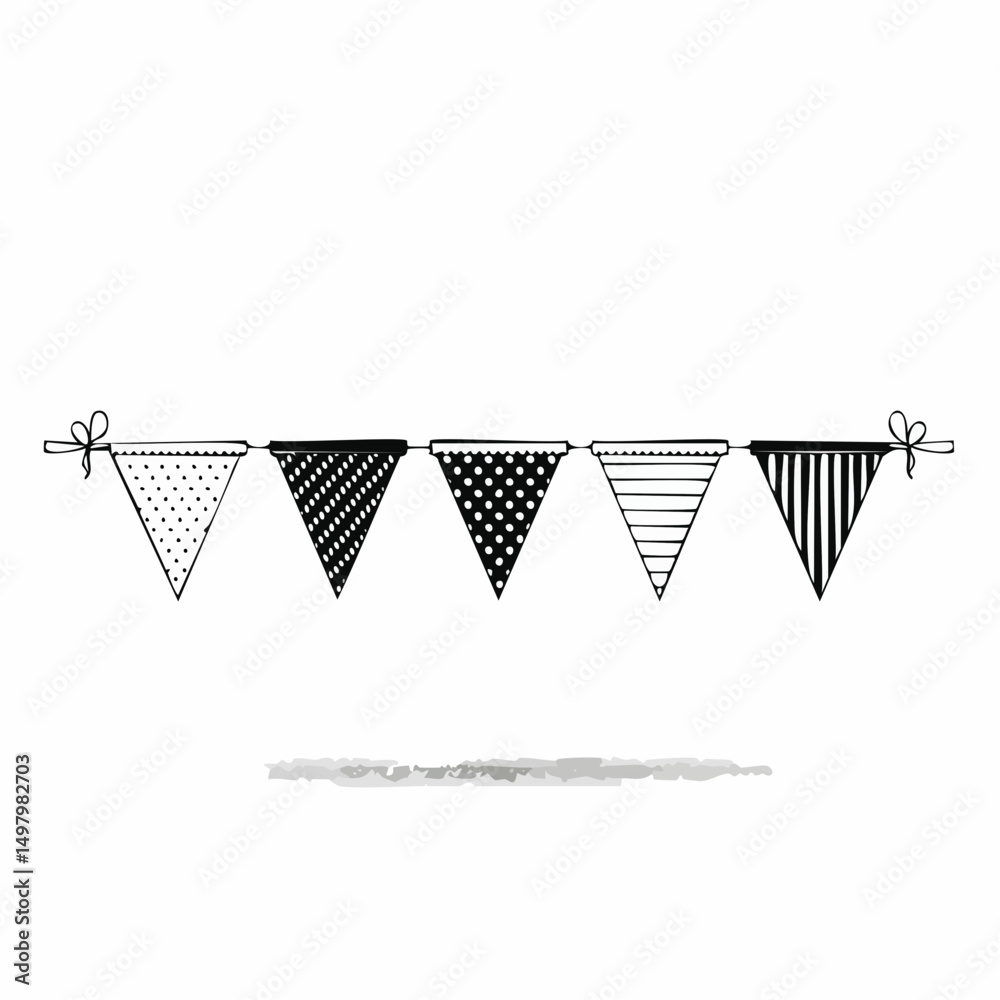 Ícone de bandeirinhas decorativas em preto e branco em xilogravura