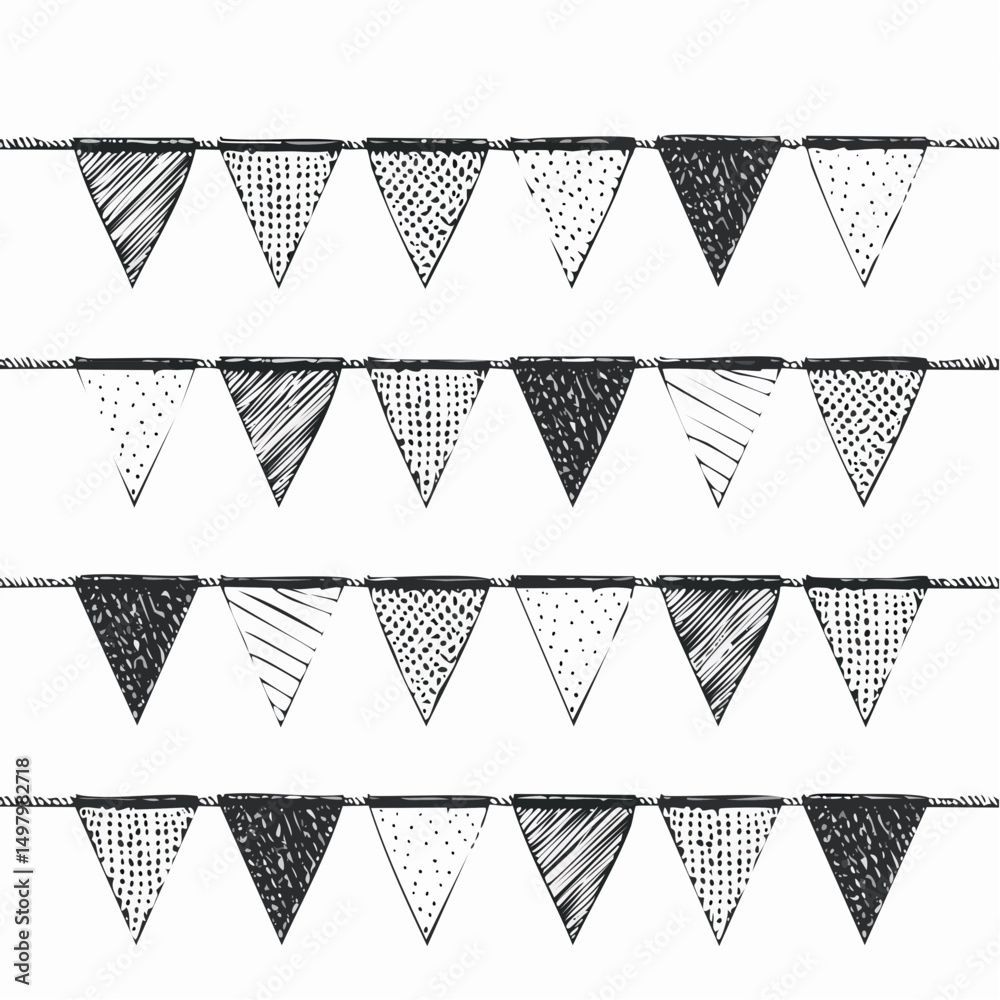 Ícone de bandeirinhas decorativas em preto e branco em xilogravura