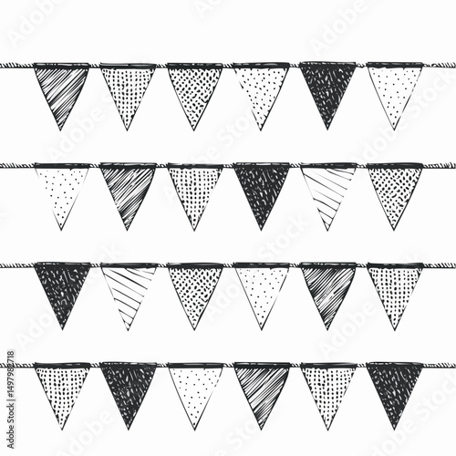 Ícone de bandeirinhas decorativas em preto e branco em xilogravura