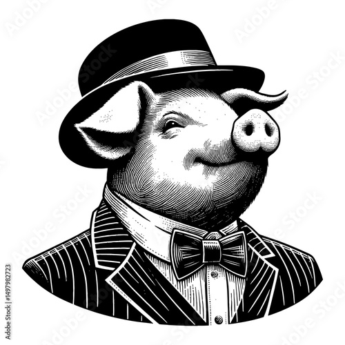 Pig in Vintage Suit and Top Hat Black and White Outline Line Art Drawing Animal Portrait
