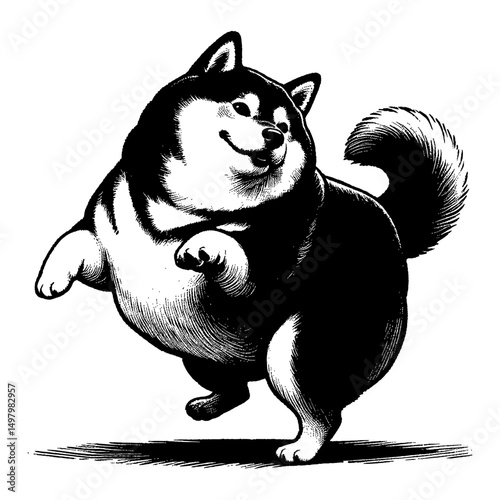 Playful Chubby Dog Dancing with a Happy Smile in Vintage Black and White Outline Line Art Drawing Style