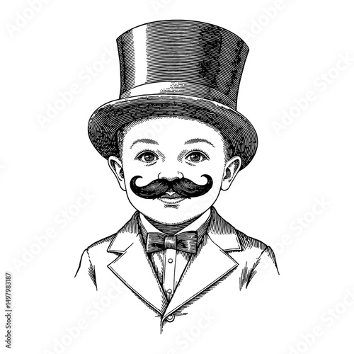 A little baby wearing a vintage suit a giant top hat and a fake moustache Black and White Outline Line Art Drawing
