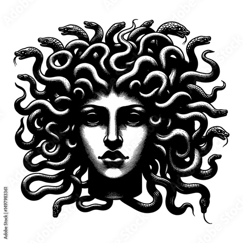 Mythical Medusa Head with Snakes in Hair Vintage Black and White Outline Line Art Drawing Engraving Style